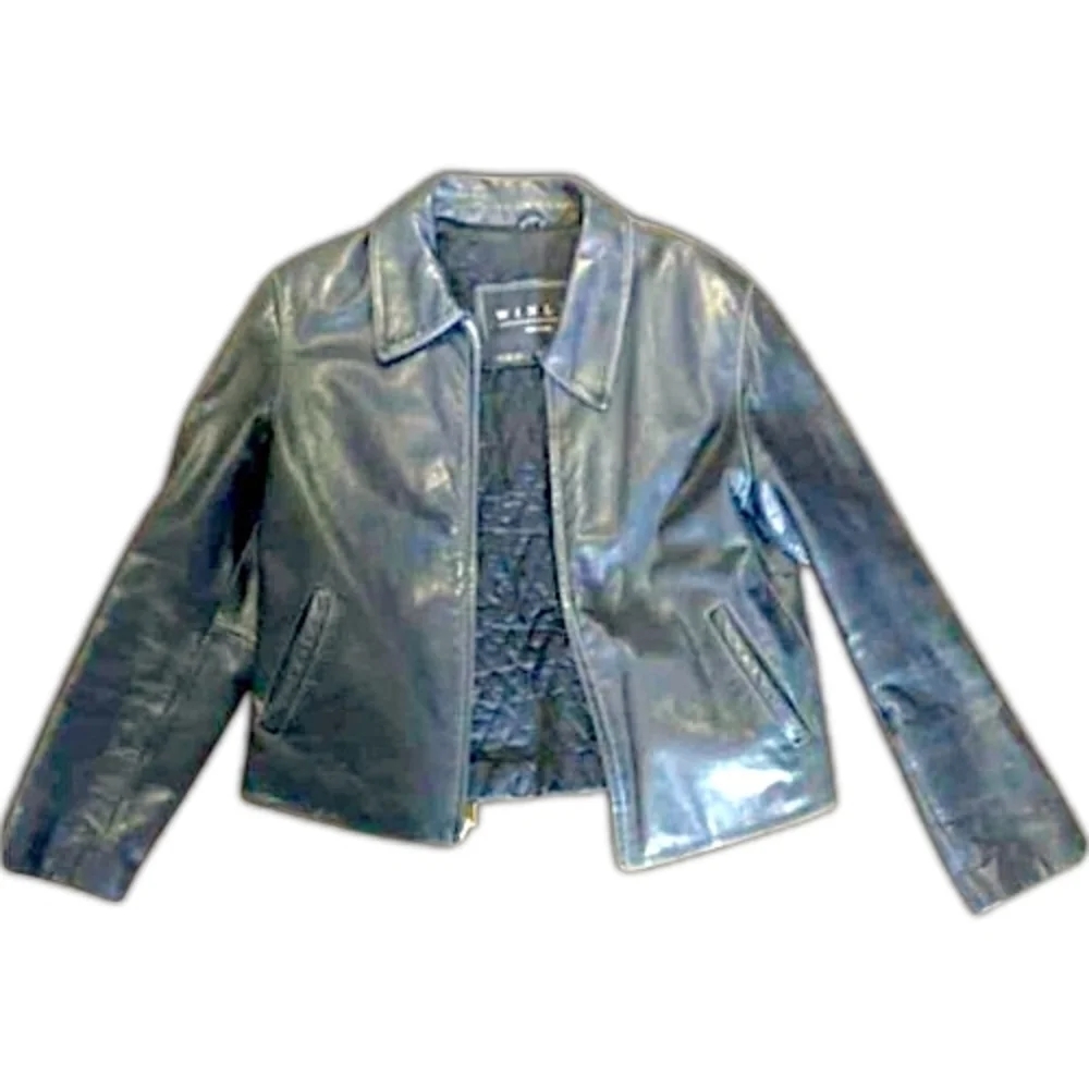 Vintage Black Leather Women's Moto Jacket-Y2K Classic Collar Metal Zips Grunge - Picture 3 of 14